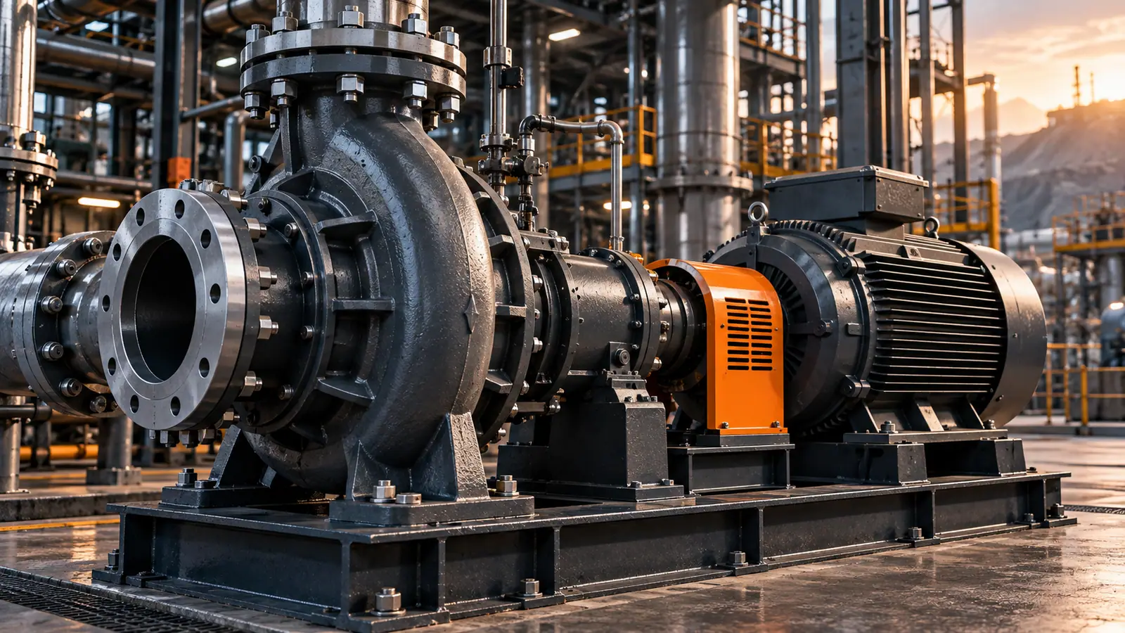 Bomba industrial acoplada a un motor eléctrico.