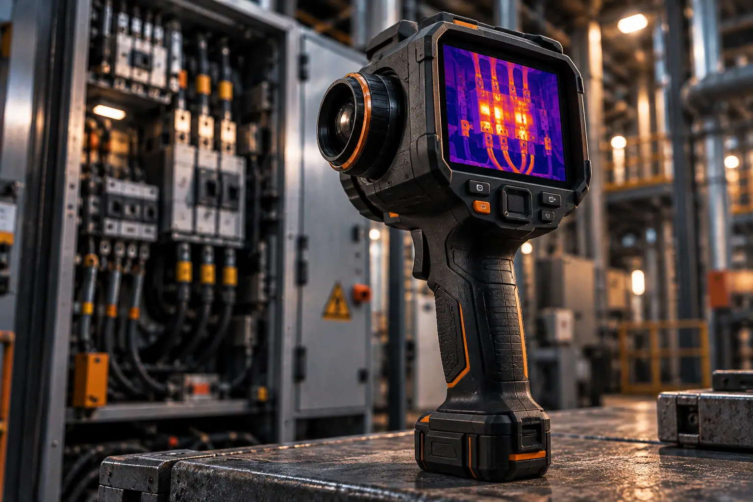 Cámara termográfica mostrando la temperatura de equipos industriales.