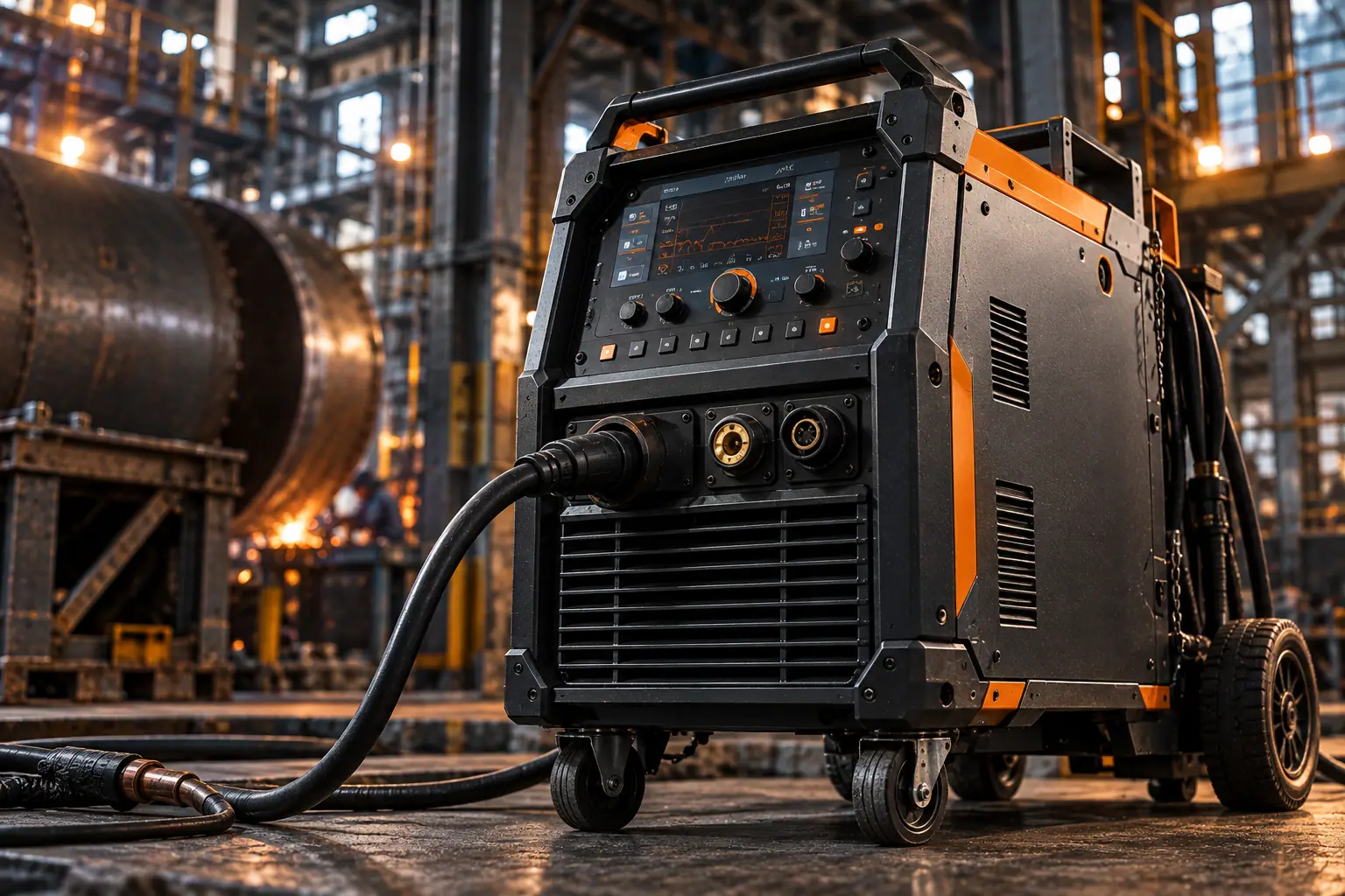 Equipo de soldadura con cables en un entorno industrial.
