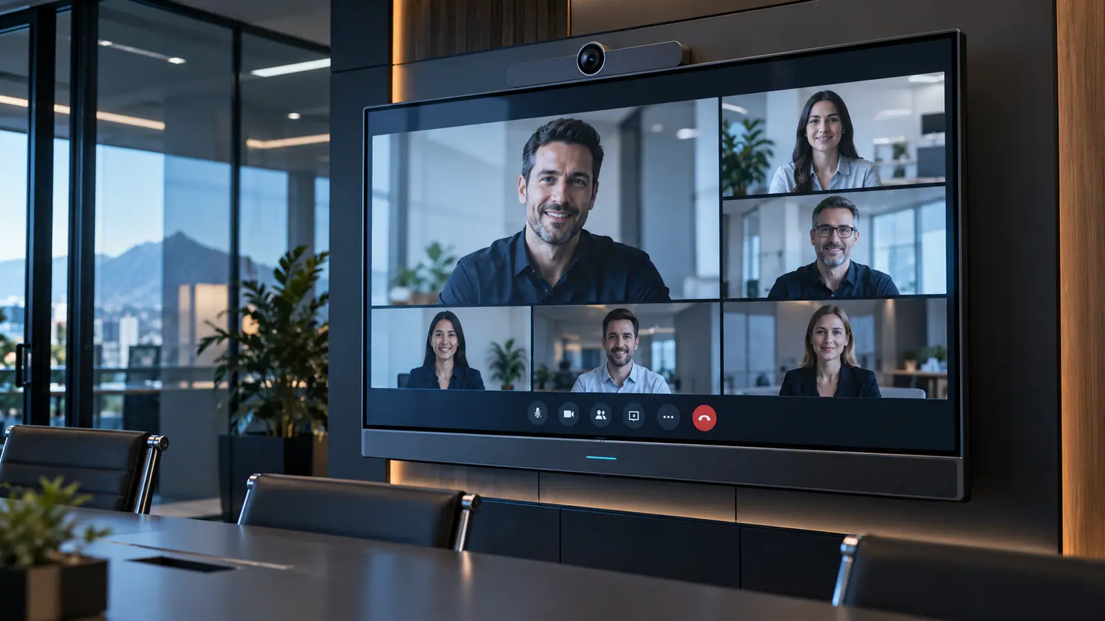 Pantalla de videoconferencia en una sala de reuniones.
