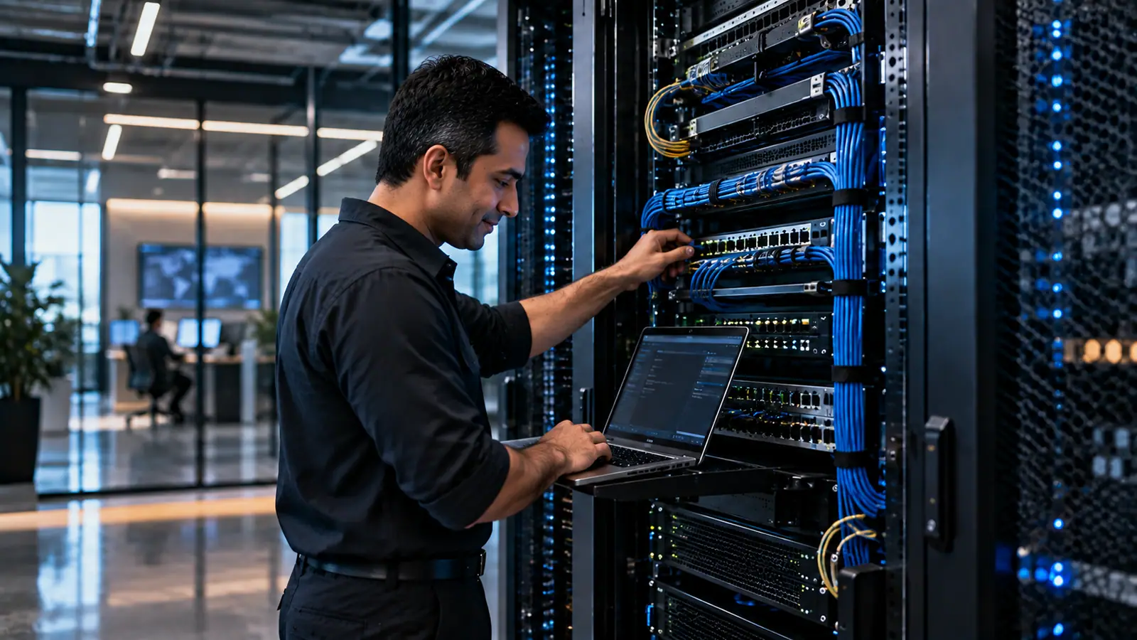Técnico revisando conexiones en un rack de equipos de red.