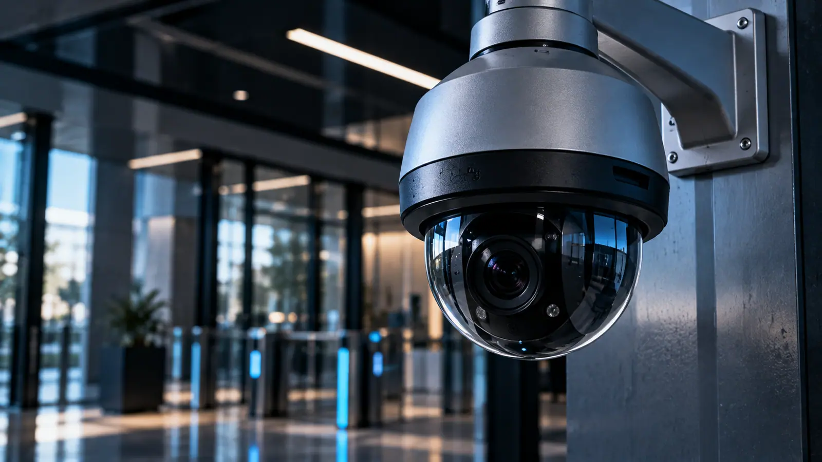 Cámara de videovigilancia instalada en un espacio empresarial.